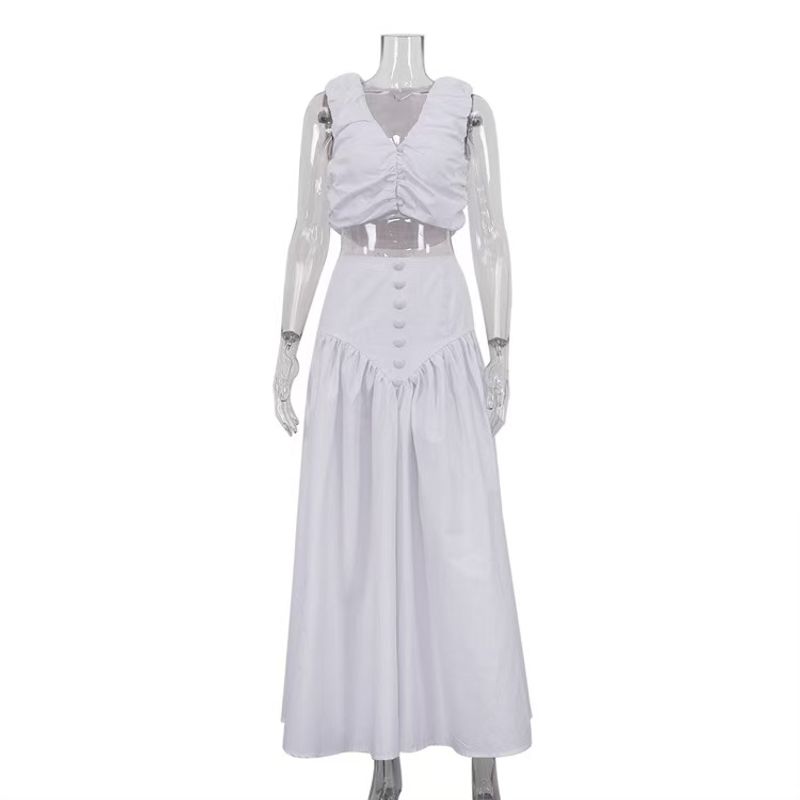

New Arrival French Style Ruched Vest Vest Skirt Two-piece Set Wrinkled Vest Half Skirt Set White S