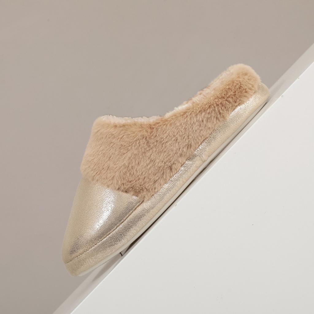 Imitation Fur Shiny Leather Cotton Slippers for Men and Women In Autumn and Winter, Anti Slip, Warm and Thick Fur Confinement Shoes, Bedroom Slippers