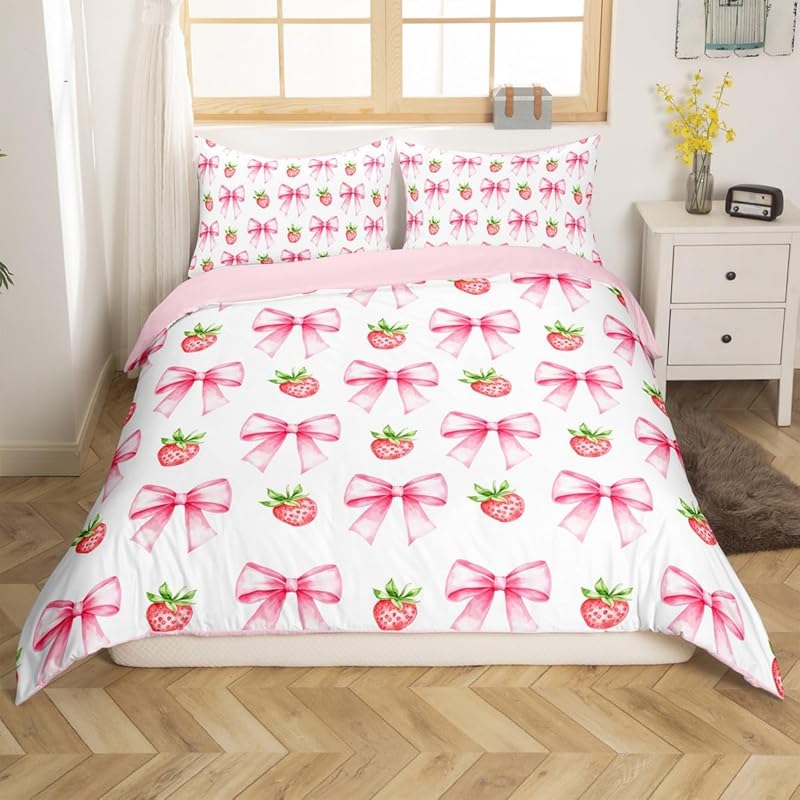 Cartoon pink bow princess bedding set, girls' bedroom decoration pink and white duvet cover, 2 pillowcases