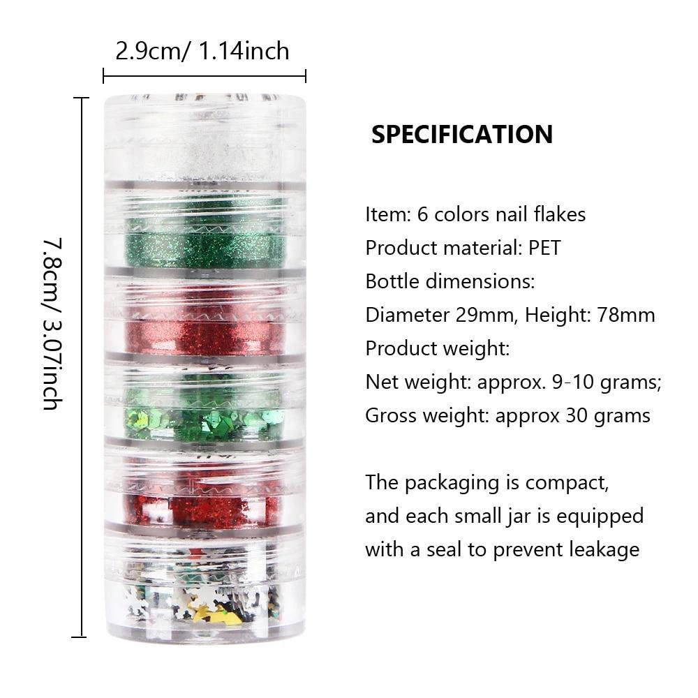 6 Bottles/Set Christmas Nail Sequins Snowflake  Nail Glitter Charms Hexagon DIY New Year Nail Art Decorations
