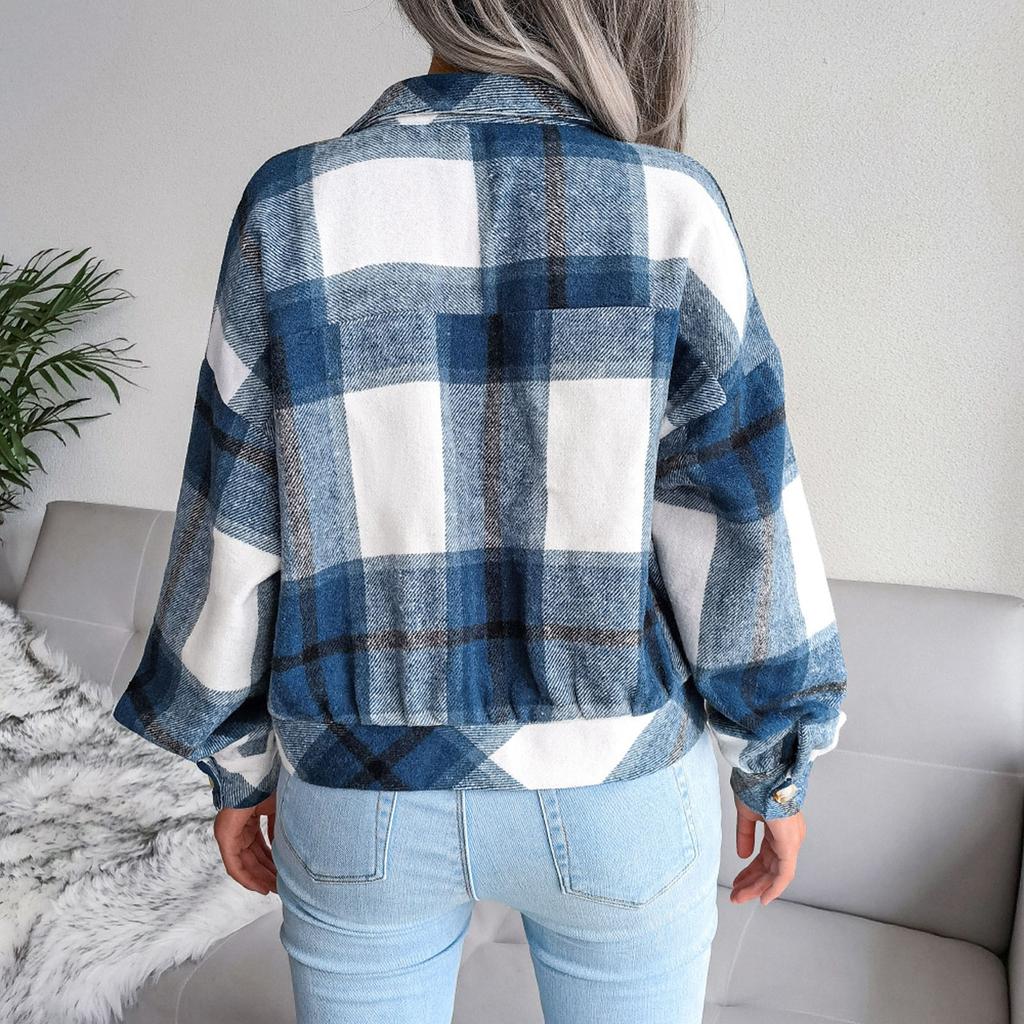 Women's  And Winter  Long-sleeved Woolen Casual Plaid Coat Jacket
