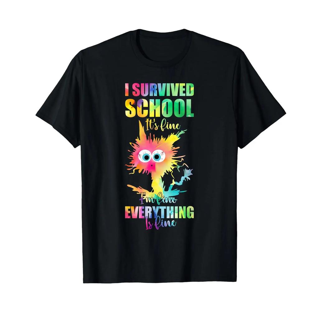I Survived School Its Fine Im Everything Is Cat T Shirt For Kids Vintage Slightly Top For Everyday Wear Soft
