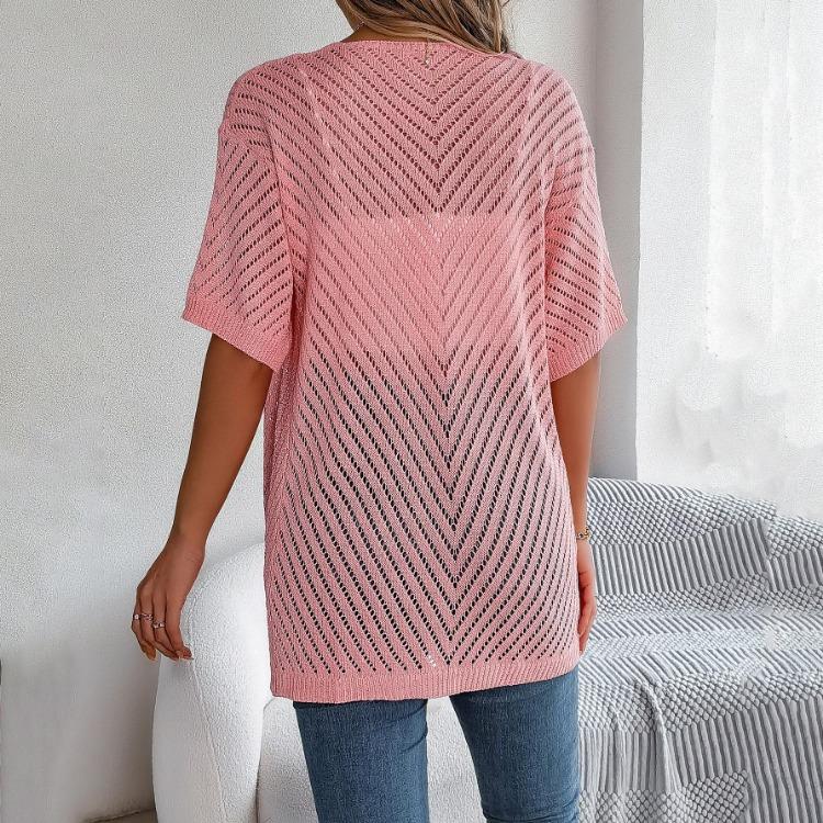 Women's Elegant V Neck Loose Knitted Cardigan Solid Check Sweater Tops for Spring Summer Fashion
