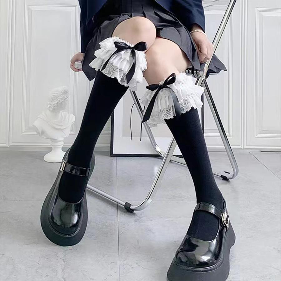 Lolita Oversized Lace Bow Mid Tube Socks Summer Sweet Lo Calf Socks Cotton Socks Lolita