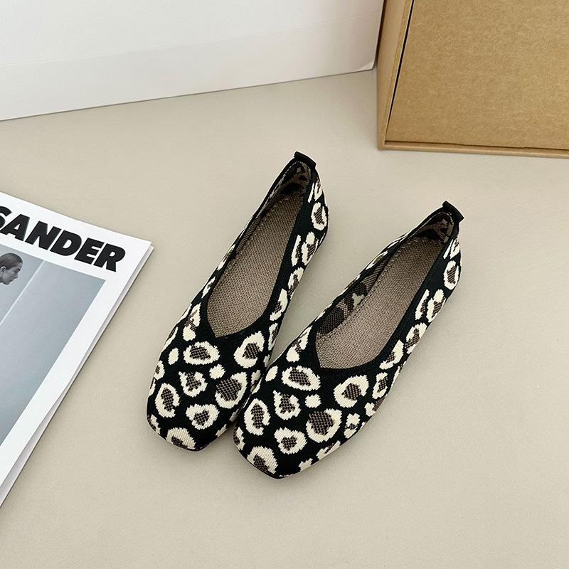Fashion Women Leisure Flats Summer Autumn Flat Shoes Breathable Knitted Leopard Print Slip-on Female Daily Walking Driving Loafers