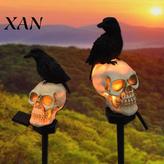Decorative Cemetery Stakes for Parties LED Solar Crow Skull Light, Waterproof Halloween Pathway Gothic Weatherproof Lights Outside on Skeleton