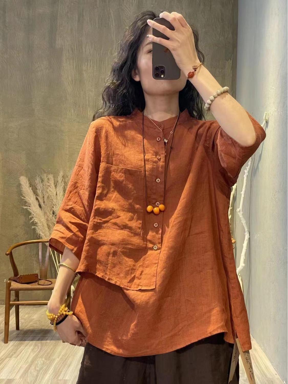 

Женская ретро рубашка из хлопка и льна с нерегулярным рукавом семь восьмых - Дизайн осени 2024, лестный свободный крой XXL оранжевый