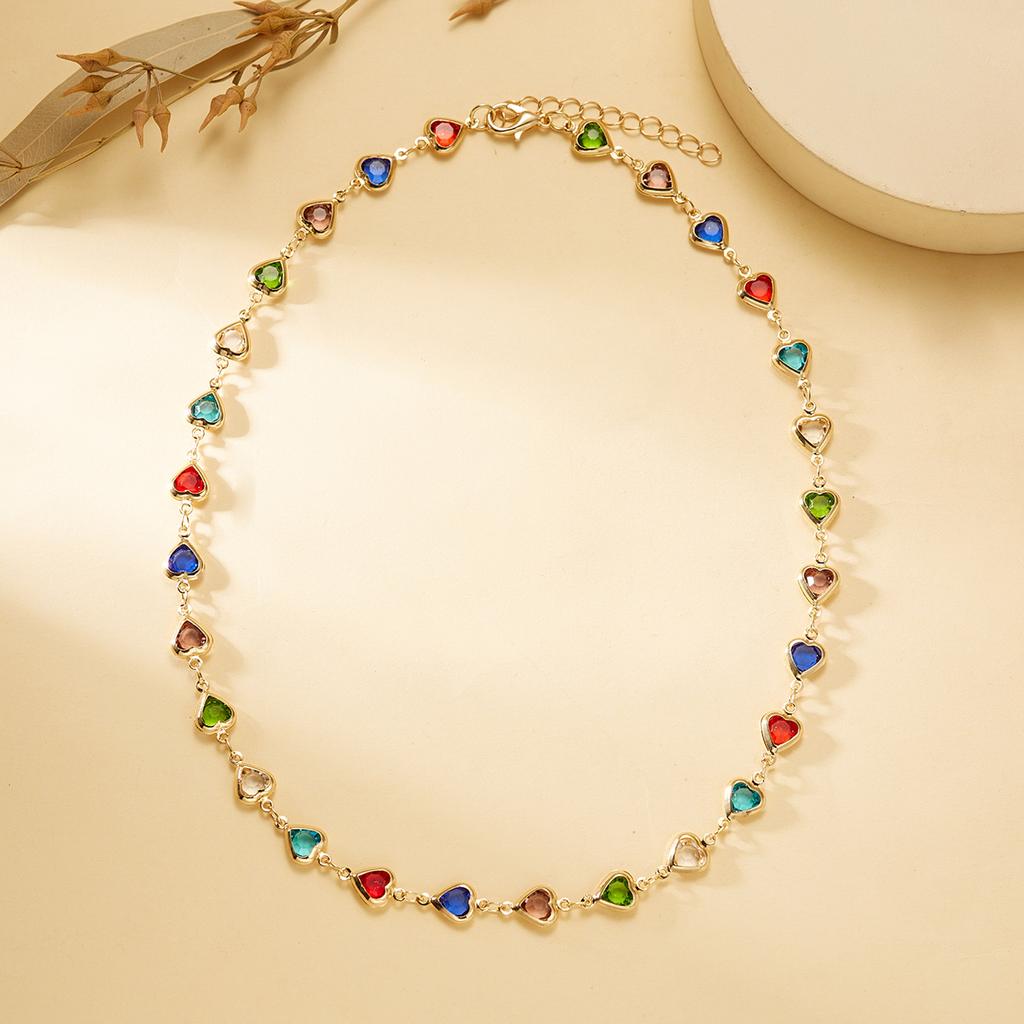 Exquisite Rainbow Zircon Heart Choker Necklace For Women Korean Crystal Gold Color Metal Chain Collar Party Beach Jewelry Gifts