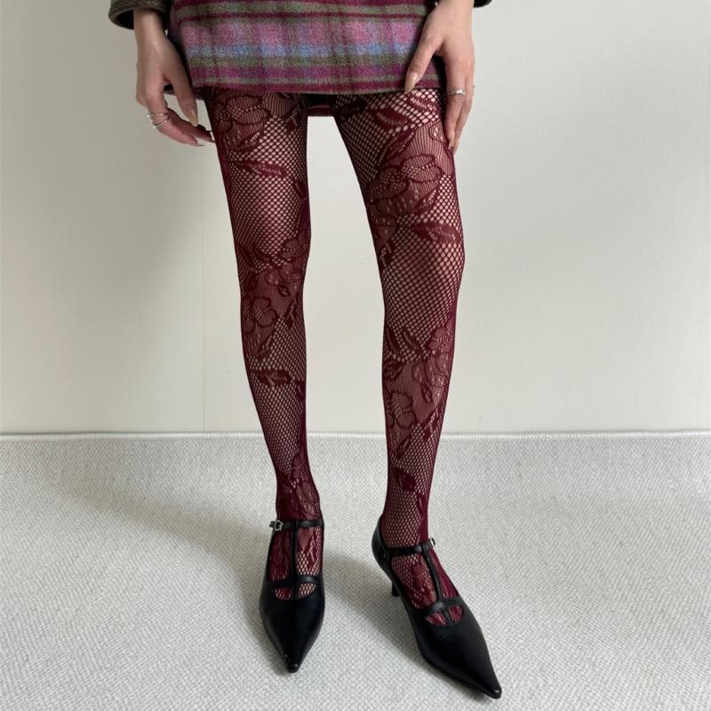 Women See Through Fishnet Mesh Pantyhose Stockings Aesthetic Elegant Hollowed Flower Patterned Tights Leggings Hosiery