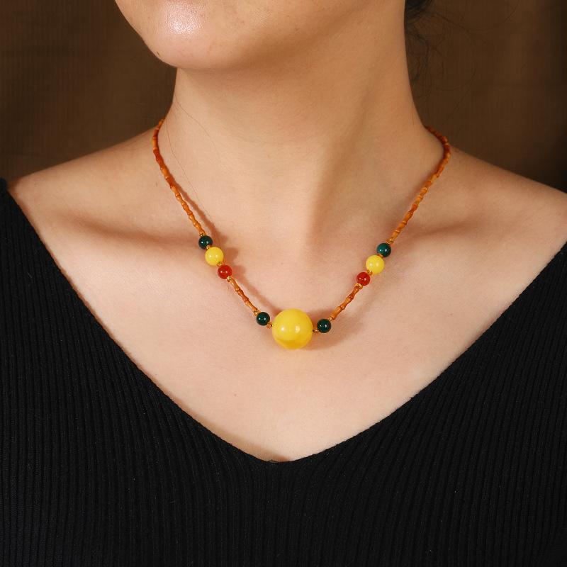 Retro New Chinese Wooden Bamboo Necklace Niche Design Beeswax Agate Pendant Collarbone Chain Women's Literary Accessories