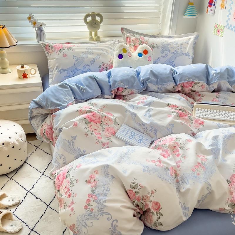 4Pcs Set Class A Maternal Infant Grade Small Fresh Grinding 4-Pcs Set Skin-Friendly Bed Sheet Washed Cotton Quilt Cover Dormitory 3-Piece Set