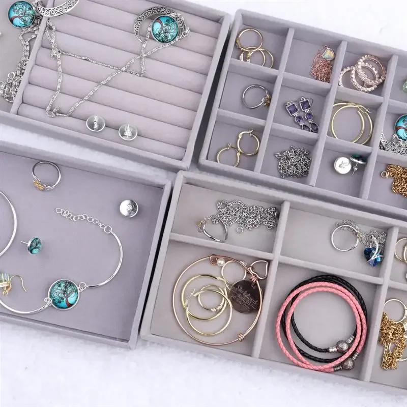 Velvet Jewelry Storage Box Necklace Stackable Display Tray Bracelet Earring Organizers DIY Handicrafts Drawer Box Grey