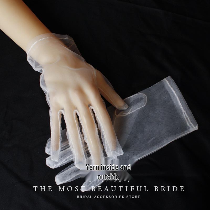 Short Lace Bridal Gloves - White Champagne Butterfly Design, High Elastic Mesh for Weddings & Evenings