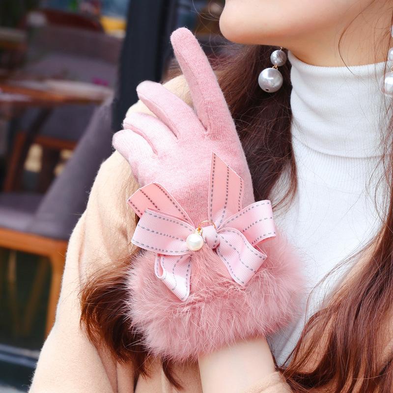 Women Winter Wool Warm Gloves Add Cashmere Thicken Bow Pearl Decoration Touch Screen Female Gloves Elegant Plush Gloves