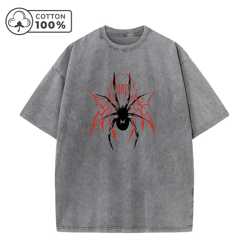 

Mens Casual Washed TShirt Trendy And Stylish Pure Cotton Short Sleeve Unique Spider Print Summer Everyday Commute Top S