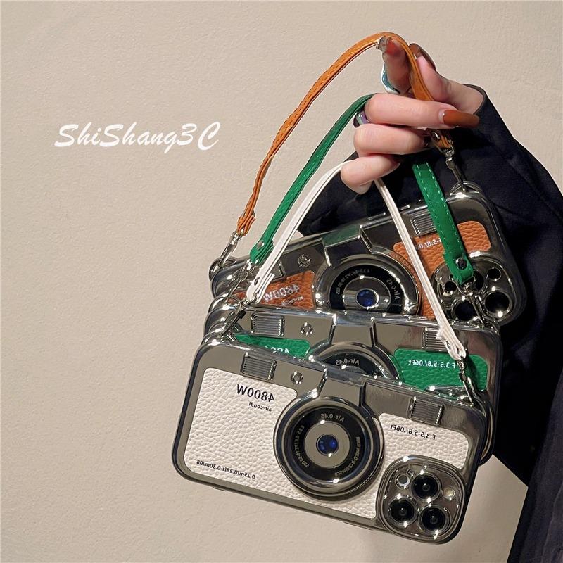 Capa de celular com câmera retrô 3D de luxo criativa para iPhone 14 13 12 11 Pro Max 14plus Capa de celular de TPU macio e fofo com cordão e capa traseira