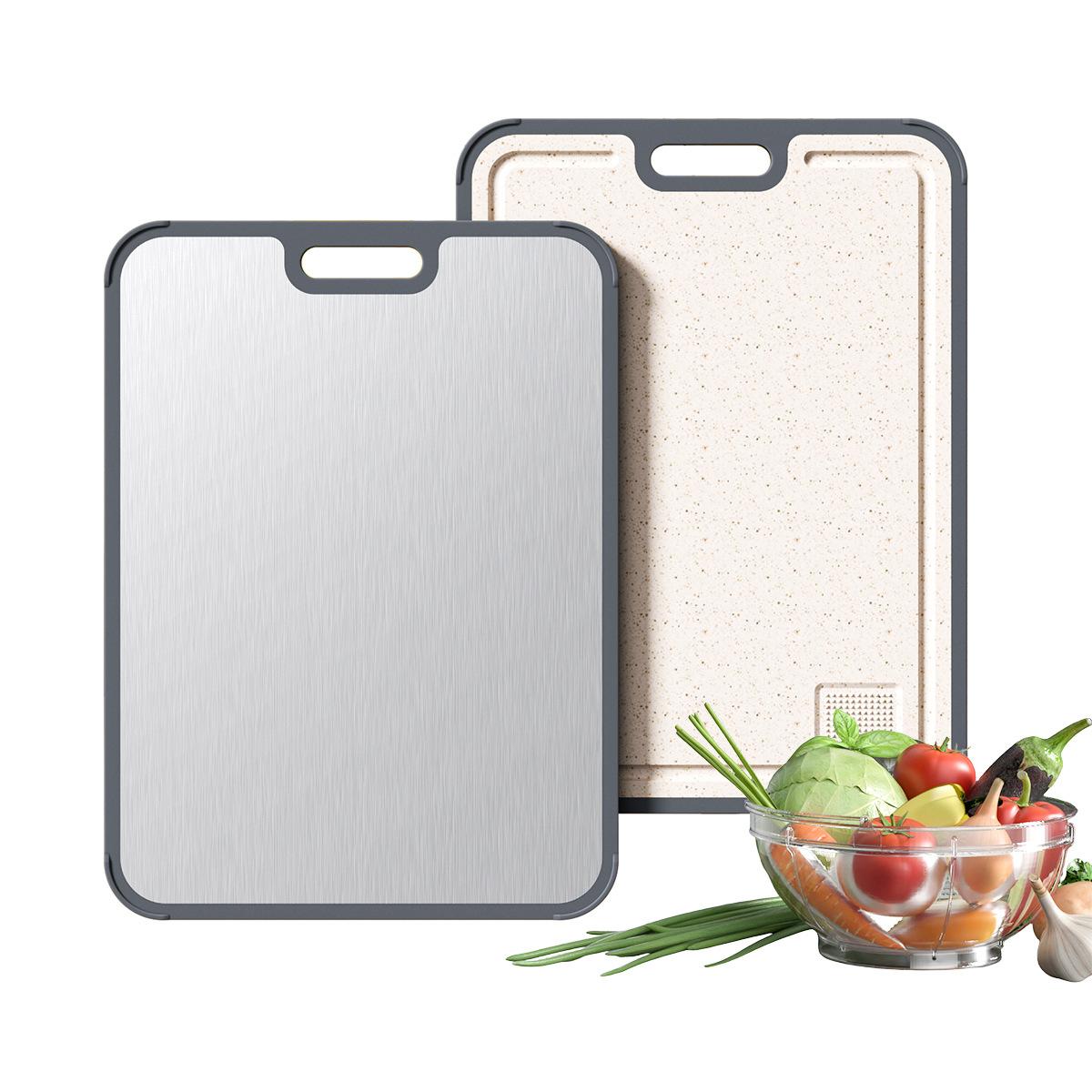 SUS304 Stainless Steel Chopping Board for Kitchen Double Sided Scratch Resistant Metal & Wheat Straw Chopping Board Handle 38x28cm
