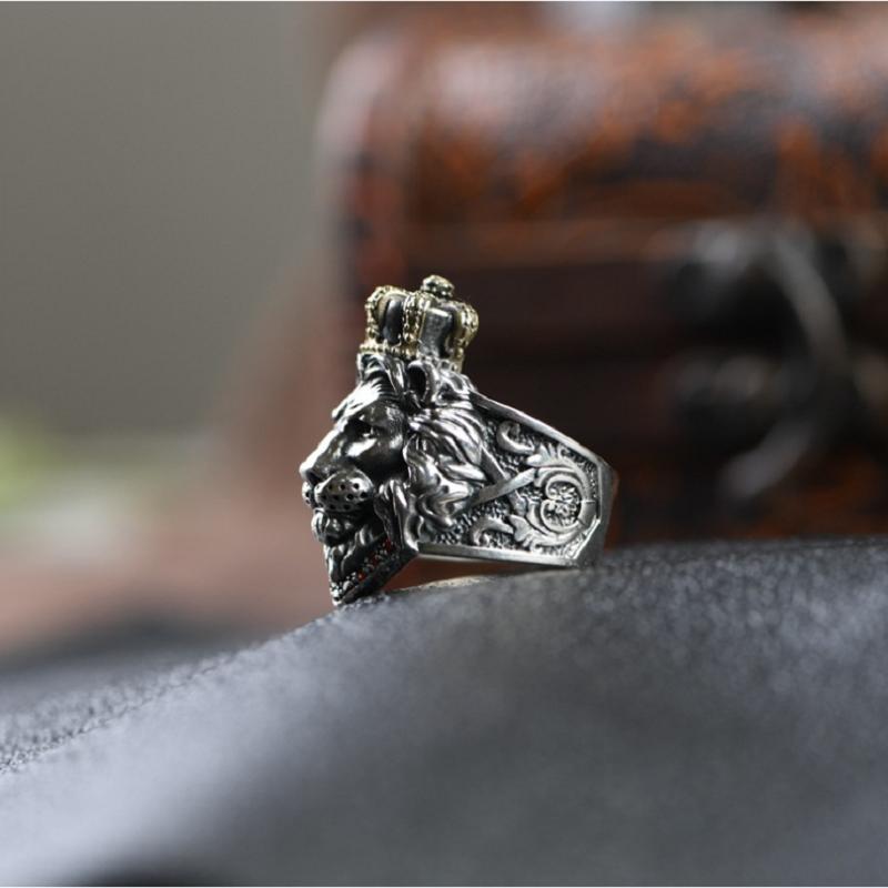 Open Ring Real Silver Retro Handmade Crown Lion Rings For Man Woman S925 Sterling Silver Lion Head Open Ring Fine Jewelry Gift