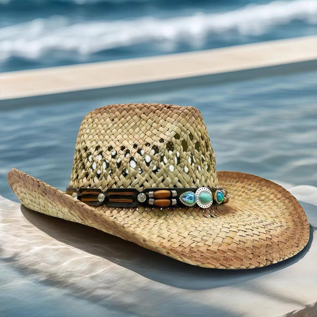Rhinestone Cowboy Hat Straw Sun Hat for Women Men Beach Vintage Western Cowgirl Party Summer Festival Country Music Headwear