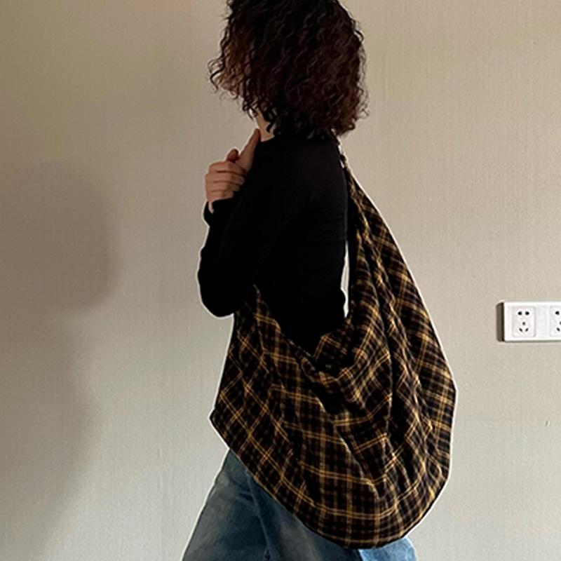 Vintage Karomuster Große Kapazität Trendiger Lässiger Tragetaschen-Rucksack Vielseitige Handtasche Übergroße Canvas Achseltasche Schottischer Stil