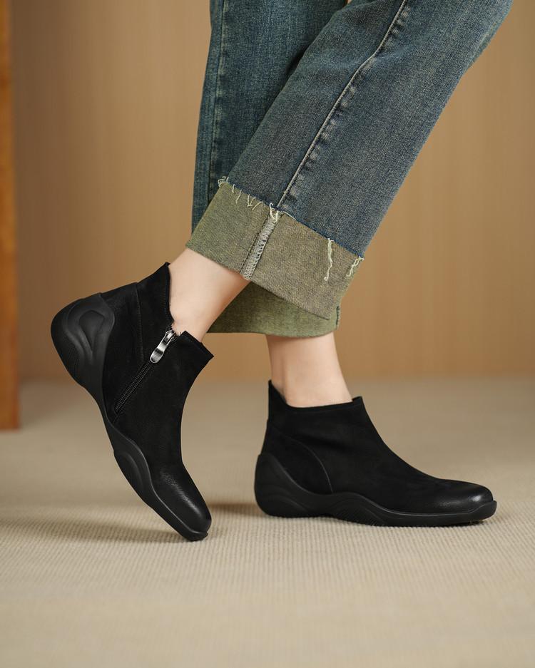 Retro Style Polished Square Head Thick-soled Martin Boots Women's 2025 New Leather Fashion Wedge and Ankle Boots Soft-soled Short Boots