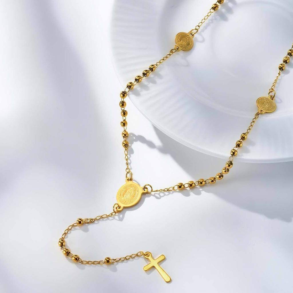 Vnox Stylish Stainless Steel Virgin Mary Necklaces, Multiple Beads Chain Cross Pendant, Long Sweater Chain Jewelry For Women