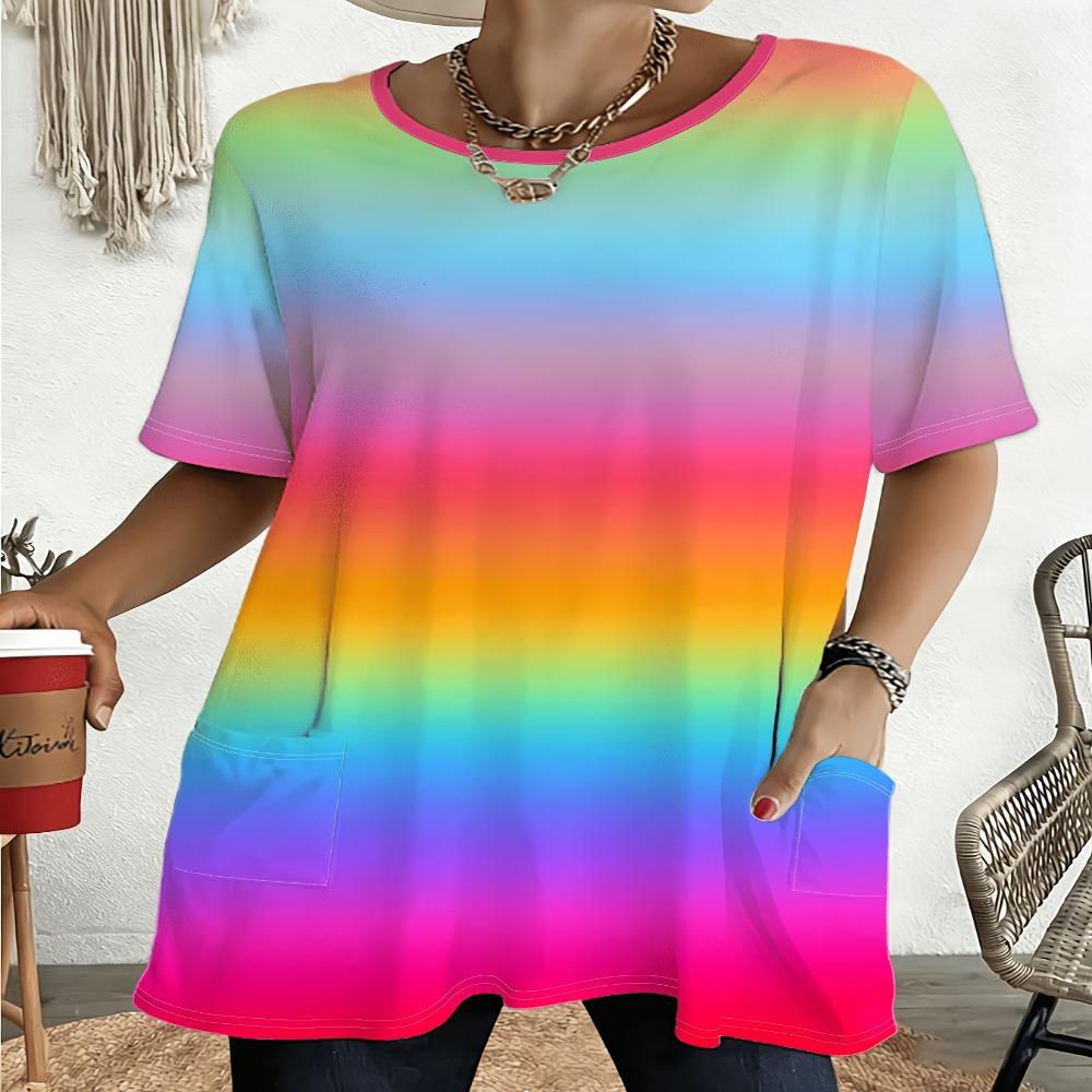 Rainbow Gradient Loose Short-Sleeve T-Shirt, Women's Fashion Casual Top, Multi Color Print Plus Size Trendy Style