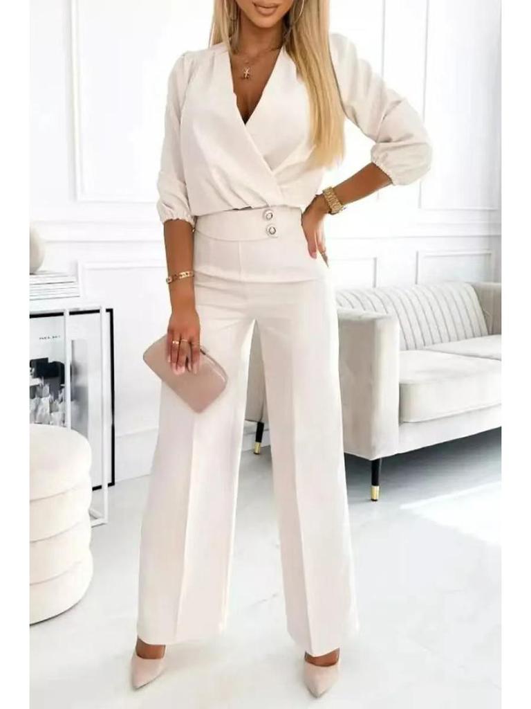 2025 Women's Solid Color V-neck Two-Button 2-Piece Pants Set