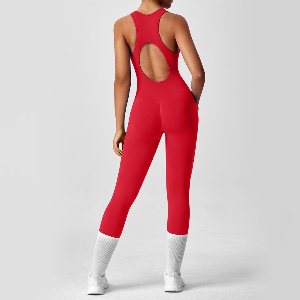 Tuta da Yoga da Donna alla Moda Monocolore Girocollo Schiena Stretta Tuta da Yoga