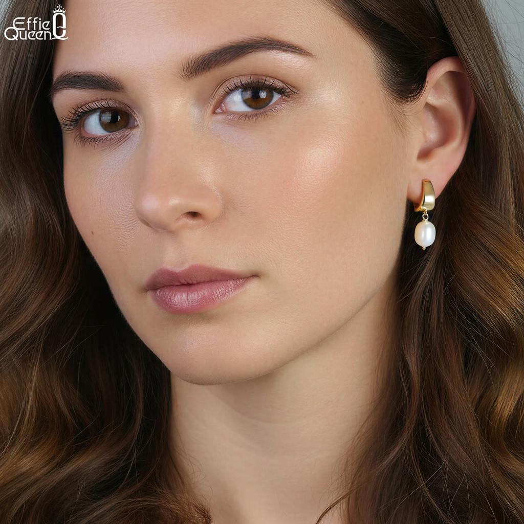 Effie Queen 925 Pure Silver 14k Gold Pear Shaped Pearl Drop Earrings Natural Jewelry for Women Wedding Party Banquet Gift GPE130