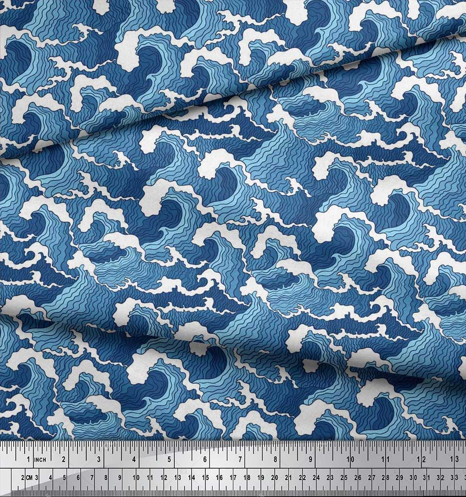 Soimoi Japan Crepe Satin Fabric Waves Shirting Decor Fabric Printed Metre 42 Inch