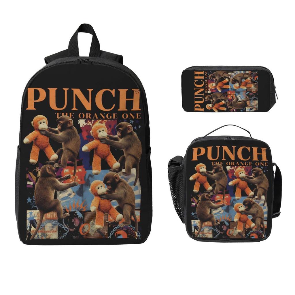 Baby Punch Monkey, Viral Monkey Kids Backpack Lunch Box Pen Bags for Boys Girls Backpacks Kawaii Schoolbag Bookbag Set