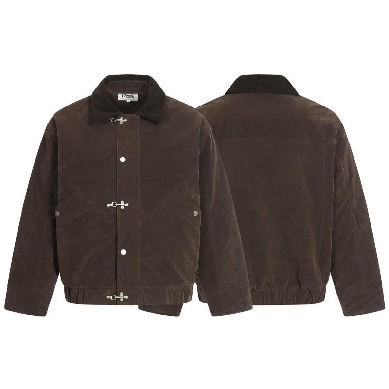 Unisex Oversized Retro Deconstructed Cotton Puffer Jacket With Snap Button Suede-Like Fabric Winter Warm Outerwear
