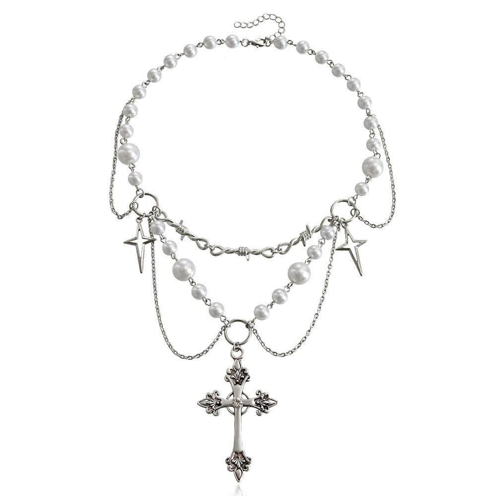 Charm Cross Rosary Necklace Handmade Double-layer Cross Pendant Choker Girl Gifts