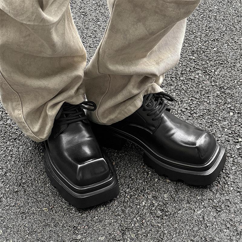High Street Leather Niche New Square Toe Thick Sole Platform Hair Stylist Casual Height Increasing Derby Shoes