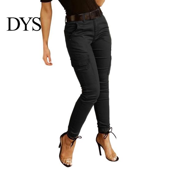 Casual Women Pants Cargo Pure Color Mid-rise Button Zipper Closure Trousers Multi Pockets Design Elastic Cuffs Long Comfortable