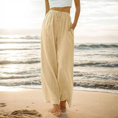 Summer Women's Solid Color Linen Multi-pocket Straight Casual Pants Plus Large Size Breathable Comfortable Drawstring Loose Pants