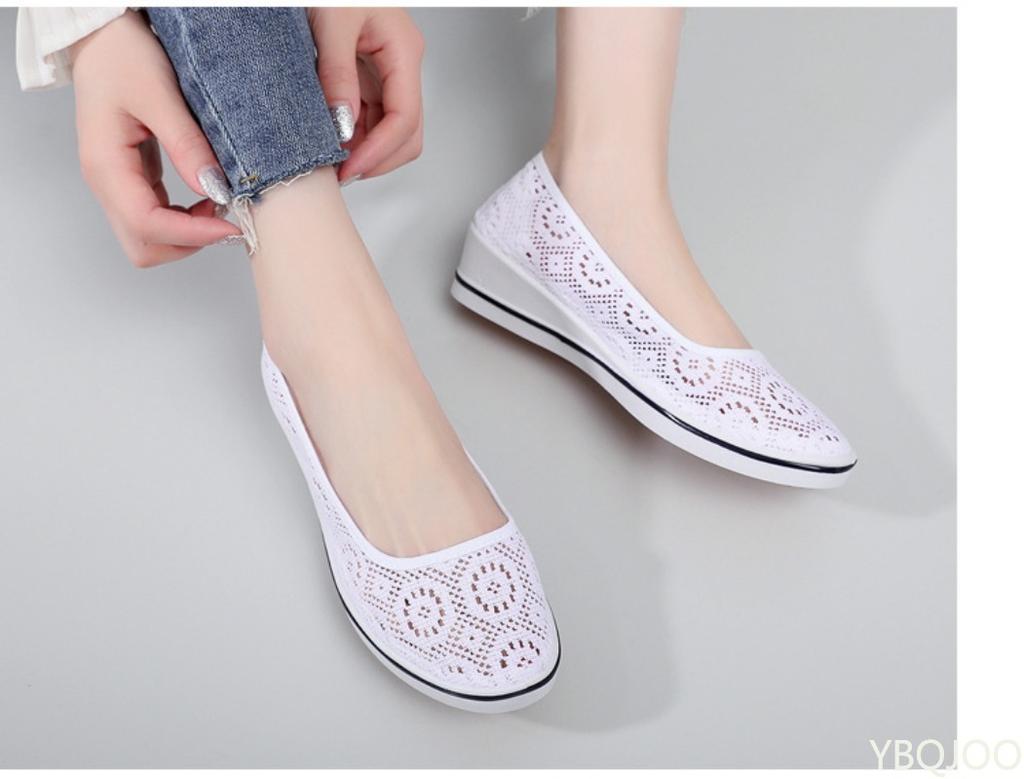 2025 new Summer Mid Wedge Heel comfortable shoes Lace Hollow Breathable Solid color Fashionable Women's Flat Shoes