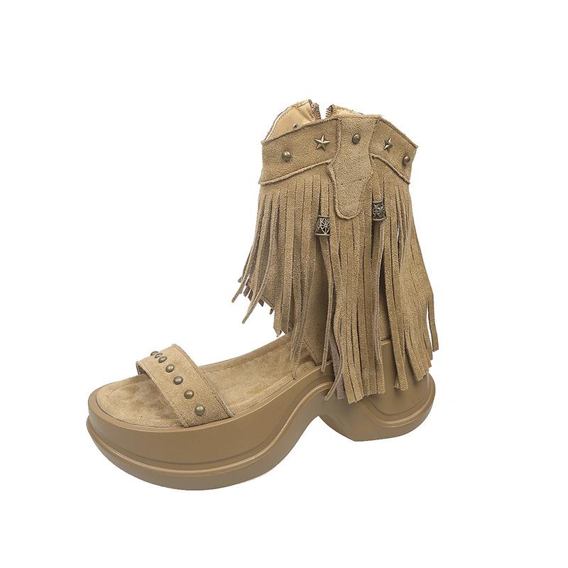 

Fashion NEW Designer Roman Wedge Sandals Women s Summer New Cutout Booties Straw Stud Zipper Tassel Open Toe Non-Slip Cooling Boots 35 верблюд