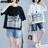 DIMANAF 2023 Plus Size Summer Women T-Shirts Cartoon Cat Print Tops Tunic Tees Shirt Oversize Bat Loose Casual Green