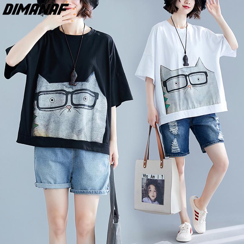 DIMANAF 2023 Plus Size Summer Women T-Shirts Cartoon Cat Print Tops Tunic Tees Shirt Oversize Bat Loose Casual Green