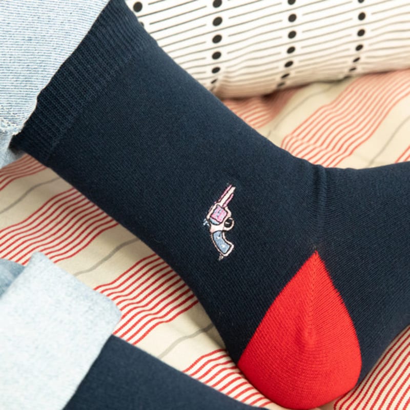 SNOOZY Pink Gun Embroidered Socks (Navy Red)