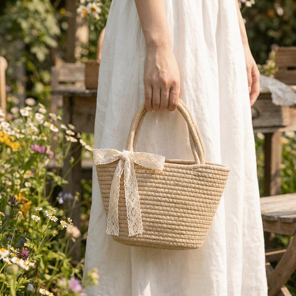 Filo di Cotone Corda di Cotone Intrecciata Borsa Intrecciata Colore Puro Boho Cesto Portaoggetti Forma a Secchiello Leggero Cesto da Shopping Vacanza al Mare