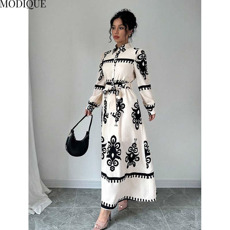 MODIQUE 2025 Spring New Women's Elegant Print Lapel Elastic Waist Belt Long Dress Ladies Casual A-Line Long Sleeve Dress