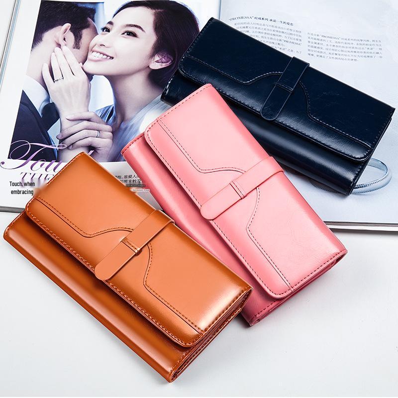 Women's Tri-Fold Genuine Leather Wallet: Large Capacity, Multiple Card Slots, Korean Style Coin Purse with Clasp.