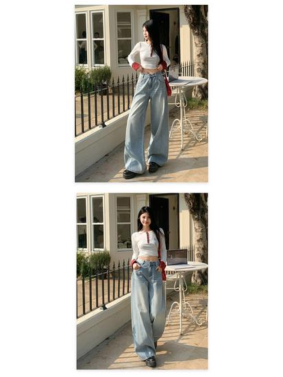 Versatile Retro High-Waisted Patchwork Wide-Leg Jeans for Women - Three Color Options, Loose Casual Straight Floor-Length Design.