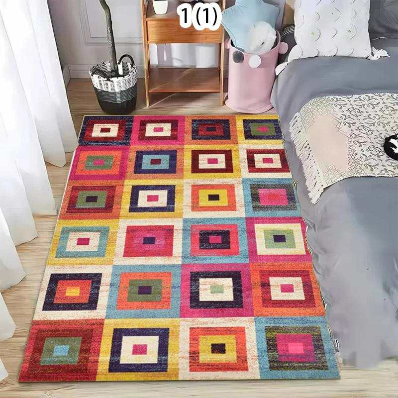 Colorful Geometric Square Area Rug Non-Slip Washable Floor Mat with Vibrant Block Pattern Boho Abstract Carpet for Living Room