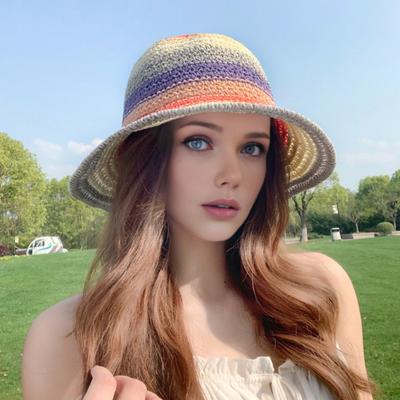 Straw Hat Rainbow Design Foldable Lightweight Breathable Sun Protection Hat Outdoor Activities Beach Travel Casual Wear