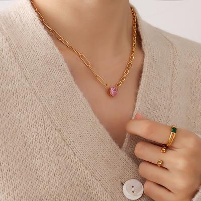 Korean New Trendy Sweet Girl Pink Zircon Inlaid Love Pendant Necklace Internet Celebrity Temperament Design Sense Collarbone Chain