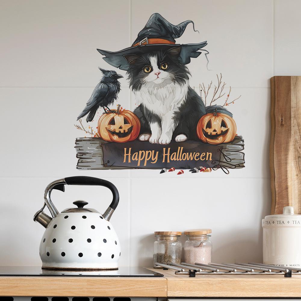 Fun-f183Happy Halloween Cartoon Cat Bedroom Porch Home Beautification Decorative Wall Stickers